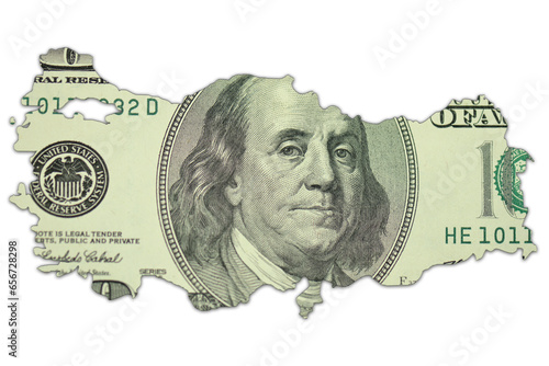 Fototapeta Naklejka Na Ścianę i Meble -  map of turkey on a american dollar money texture on the white background. finance concept.