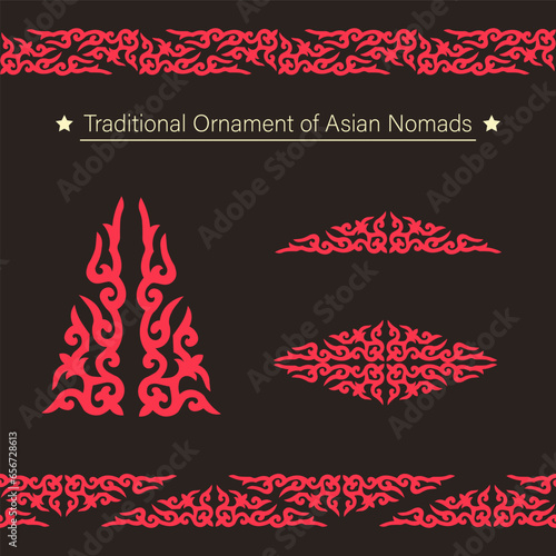 Set of 2 seamless border and 3 elements with motifs of Kazakh, Kyrgyz, Tatar, national Asian decor for borders, textile, plate, tile, and print design. Workpiece for your design.	