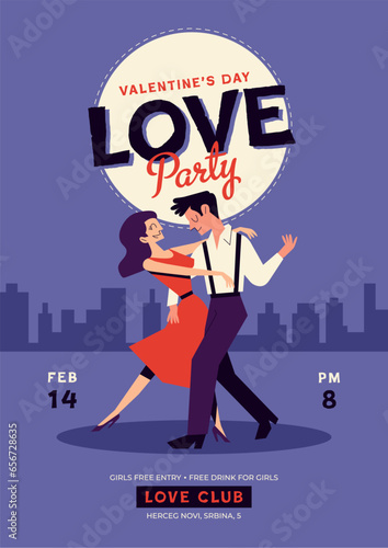 Retro party invitation design template. Vintage Valentine's Day Party Invitation poster.