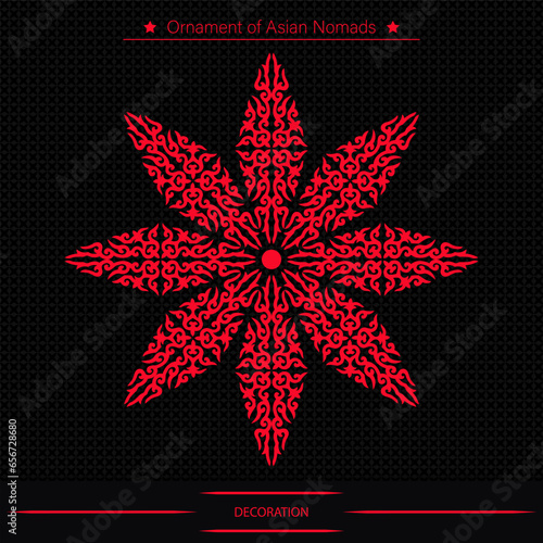 Circle mandala on black background, workpiece for your design. Decorative asian ornamental elements and motifs of Kazakh, Kyrgyz, Uzbek, national Asian decor for round plate, textile and print design.