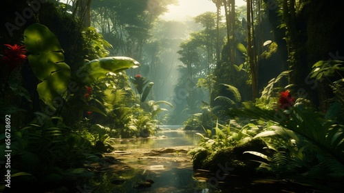 A breathtaking view of a lush rainforest with vibrant green foliage and exotic flora © amnabibi