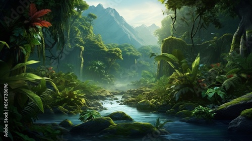 A breathtaking view of a lush rainforest with vibrant green foliage and exotic flora