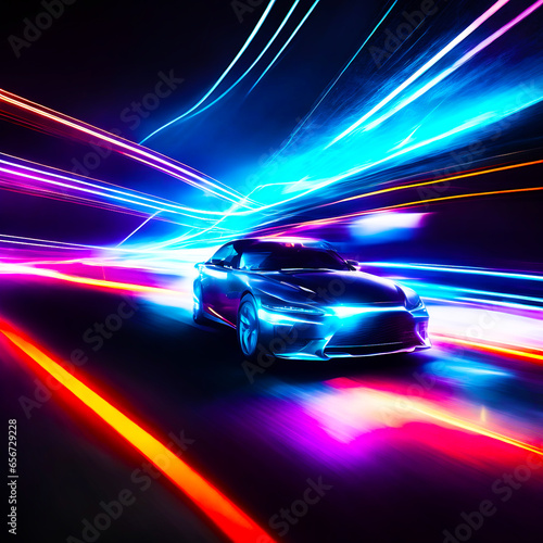 Futuristic electric vehicle technology 3d rendering on neon highway ai generated © MdKowser