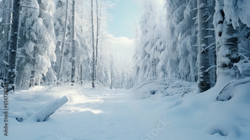 A tranquil forest covered in deep, untouched snow, with trees laden with white powder © amnabibi