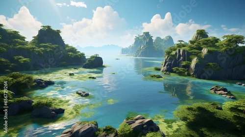 An isolated island with lush vegetation and a hidden lagoon