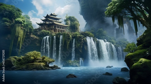 breathtaking natural landscape where a stunning waterfall graces a remote island  surrounded by a pristine snowy forest and a mysterious ancient temple within the deep rainforest
