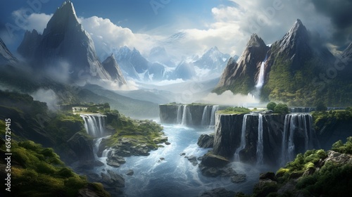 grand mountain range overlooking a dramatic waterfall