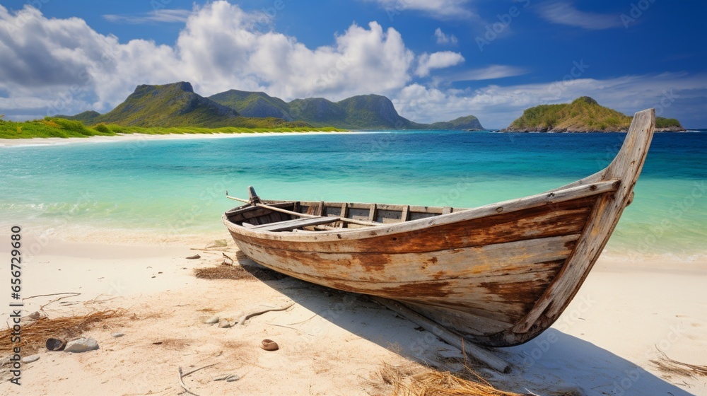 weathered, wooden boat resting on the sandy expanse of an undiscovered island beach