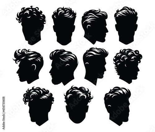 The face of a guy with curly hair.
Black silhouette of a man on a transparent background. Vector set for stencil.
