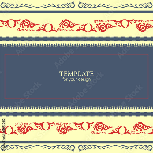 Template for your design. Ornamental elements and motifs of Kazakh, Kyrgyz, Uzbek, national Asian decor for packaging, boxes, banner and print design. Nomad style. Vector.