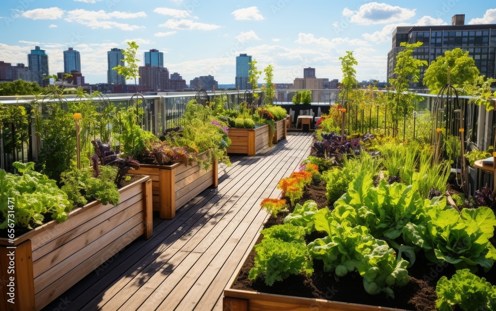 Fototapeta premium Vibrant rooftop vegetable and herb garden, with rows of thriving plants and a sustainable gardening setup. Generative AI