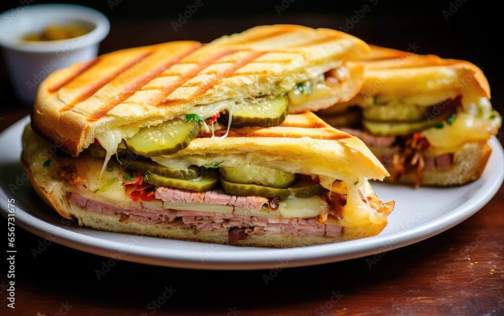 Delicious Cuban sandwiches with ham and cheese on a plate Delicious Cuban sandwiches with ham and cheese on a plate