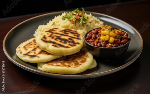 A plate filled with various arepa toppings and fillings, from shredded meats to creamy sauces