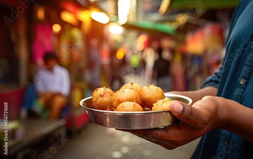 A person holding a Pani Puri in hand, outside, in the food market