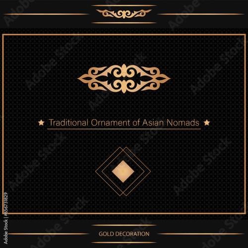 Decorative asian ornamental elements with motifs of Kazakh, Kyrgyz, Asian decor for borders, textile, plate, tile, and print design. Workpiece for your design. Oriental gold Pattern.