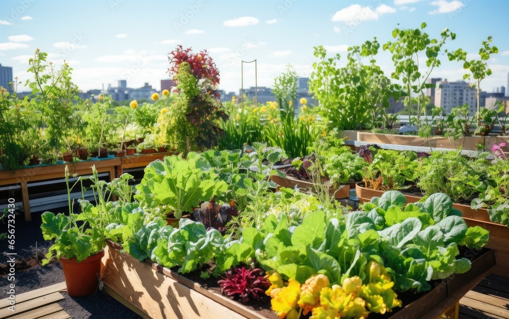Vibrant rooftop vegetable and herb garden, with rows of thriving plants and a sustainable gardening setup. Generative AI Vibrant rooftop vegetable and herb garden, with rows of thriving plants and a sustainable gardening setup. Generative AI