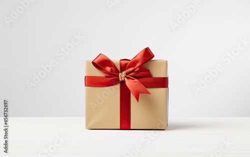 Beautifully wrapped red and beige Christmas present on a white background