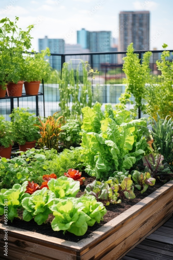 Vibrant rooftop vegetable and herb garden, with rows of thriving plants and a sustainable gardening setup. Generative AI Vibrant rooftop vegetable and herb garden, with rows of thriving plants and a sustainable gardening setup. Generative AI