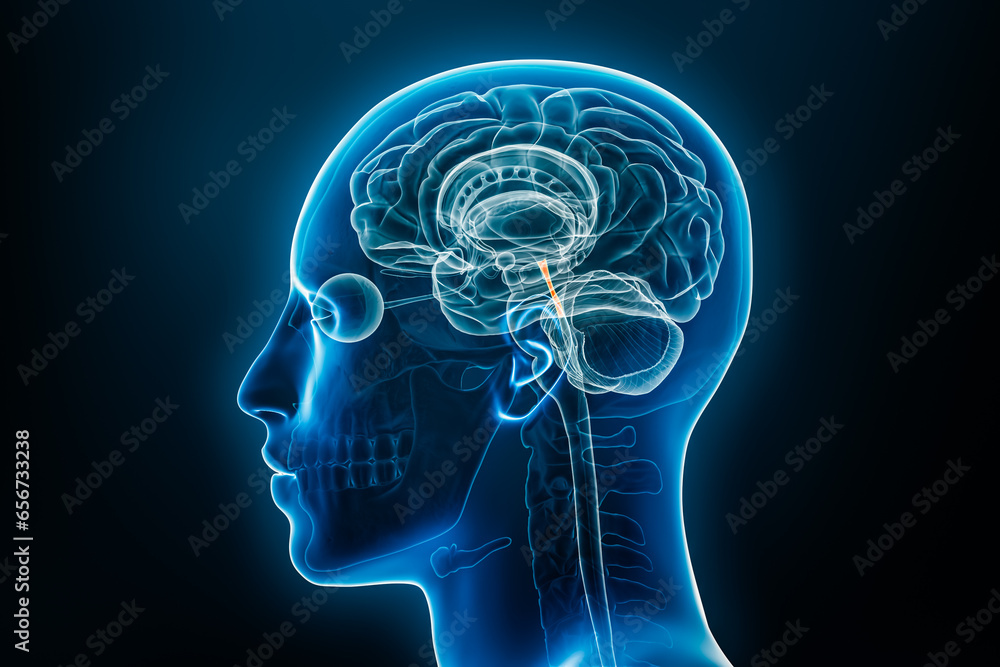 Xray profile view of Sylvius or central aqueduct of the brain 3D rendering illustration. Human body anatomy, medical, biology, science, neuroscience, neurology concepts. Xray profile view of Sylvius or central aqueduct of the brain 3D rendering illustration. Human body anatomy, medical, biology, science, neuroscience, neurology concepts.