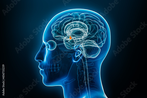 Xray profile view of the hypothalamus 3D rendering illustration. Human brain and body anatomy, medical, biology, science, neuroscience, neurology concepts.