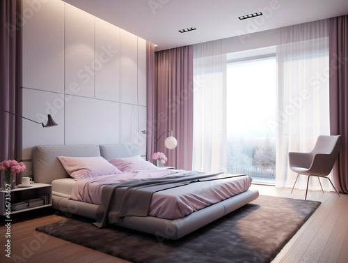 Modern bedroom interior design with pink curtains and wooden floor. 3d render