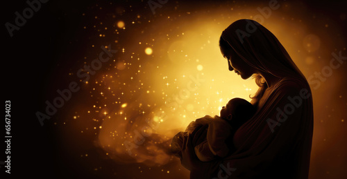 Silhouette of Mary with Baby Jesus, Blurred Background with Copy Space