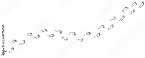 Human footprint in the snow. Path of human bare feet. Road of steps. Person walks barefoot. Contour. Vector isolated. Diagonal path. Drunk staggering man. For print, textile, postcard, design, games