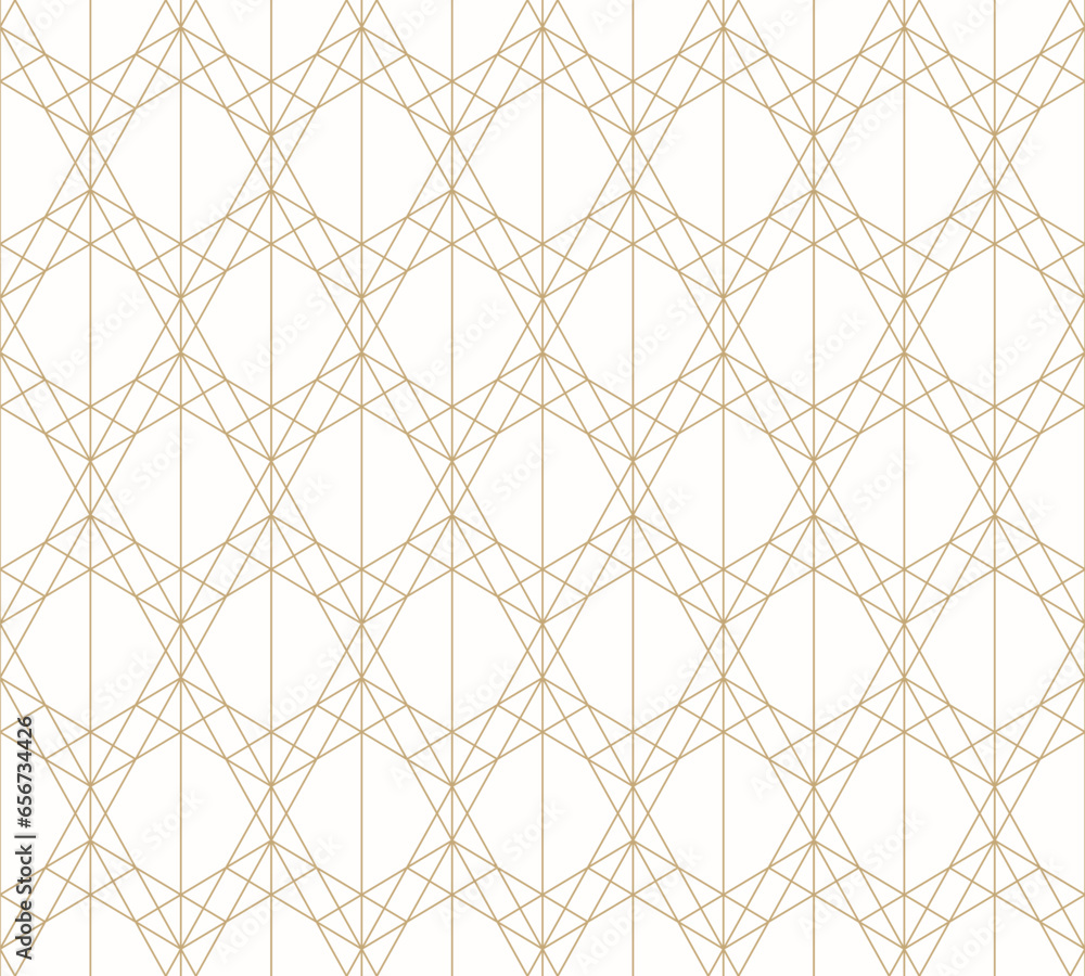 Golden line pattern. Vector geometric seamless texture with delicate grid, thin lines, diamonds, triangles. Abstract white and gold graphic background. Art deco style ornament. Subtle repeated design Golden line pattern. Vector geometric seamless texture with delicate grid, thin lines, diamonds, triangles. Abstract white and gold graphic background. Art deco style ornament. Subtle repeated design