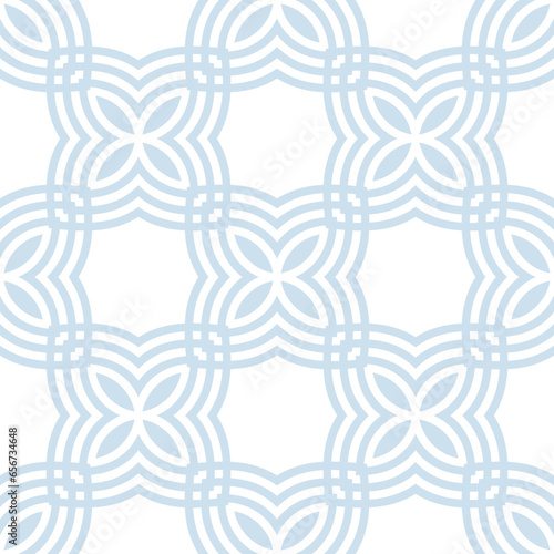 Simple vector geometric floral geometric seamless pattern. Abstract minimal ornament with flower grid, curved lines, leaves. Subtle elegant blue and white background, repeat tiles. Geo texture design