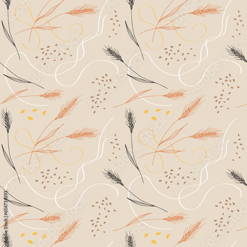 Ears of wheat and grain seamless repeating pattern abstract repeating vector background. Floral ornament with dried whole grains, ear of spelled, corn. Cereal harvest, agriculture. Hand drawn 