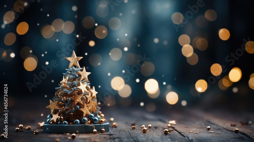 Beautiful Christmas background with a luxurious Christmas tree on a blue evening background with blurred sparkling lights and beautiful bokeh