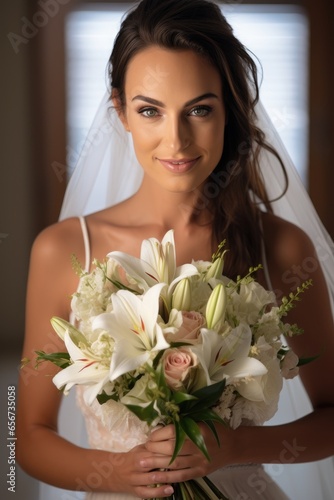 A bride holding a bouquet. ...