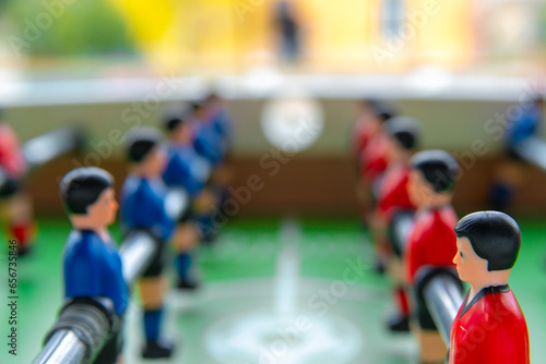 Table soccer. Table football figurines. Selective focus, close-up