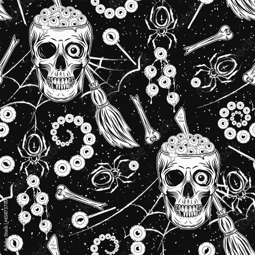 Seamless pattern with brooms, grunge silhouette of spider, spider web, bones, fractal spirals of eyeballs, skull without top full of eyes. Freaky, creepy illustration for Halloween holiday
