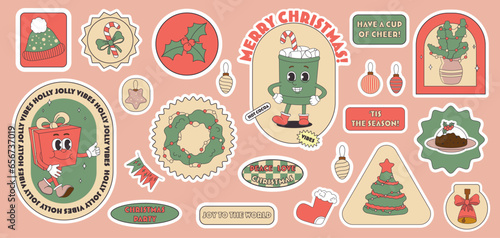 Set of Christmas groove stickers. Cute retro characters.
