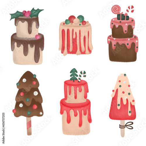 Иллюстрация беНабор рождественских сладостей. Мороженое, кекс, торт украшенными новогодними шарами.з названия