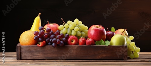 Fruit filled wooden trough on rustic table Text space available with copyspace for text