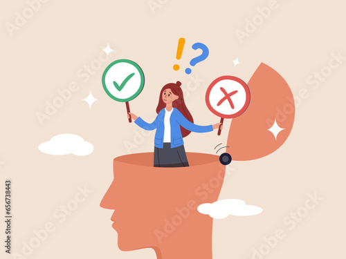 Decide and dilemma concept. Decision making or logical thinking, choose right or wrong, correct or incorrect, solve problem, critical thinking, businesswoman in his head making decision right or wrong
