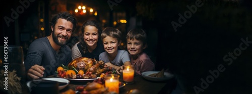 family gathered on thanksgiving day with traditional turkey