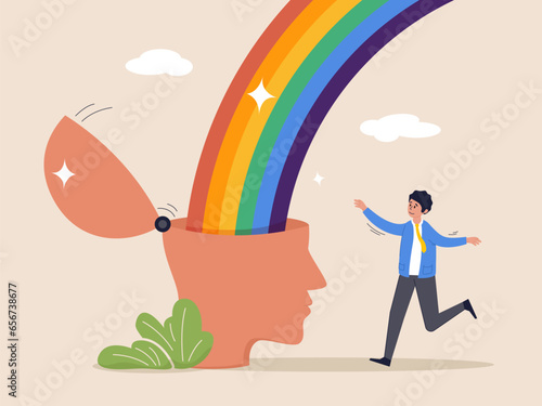 Brain treatment concept. Mental state of happiness, good mood or positive thinking mind, emotional therapy, man with open head and happy rainbow wave from inside his brain around with cloud.