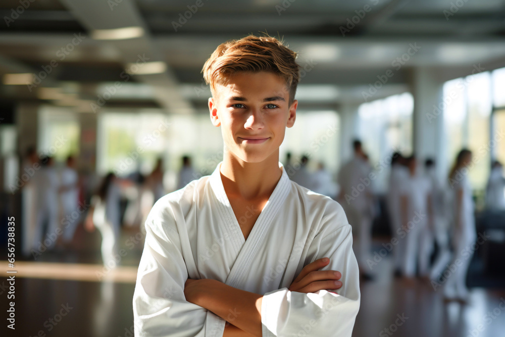 Fototapeta premium Young student teenager wearing white kimono smiling, looking at camera learning fighting, students lesson on room on background. Karate or Judo asian martial art training in a dojo hall