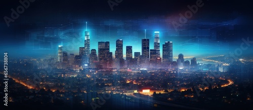 Nighttime cityscape of downtown Los Angeles California showcasing LA skyscrapers and an AI hologram representing concepts of technology and business including machine learning neural networ photo