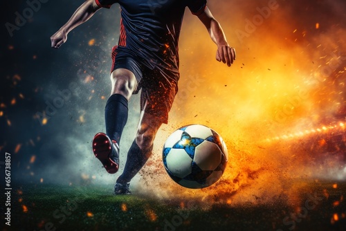 A soccer player kicking the ball. photo