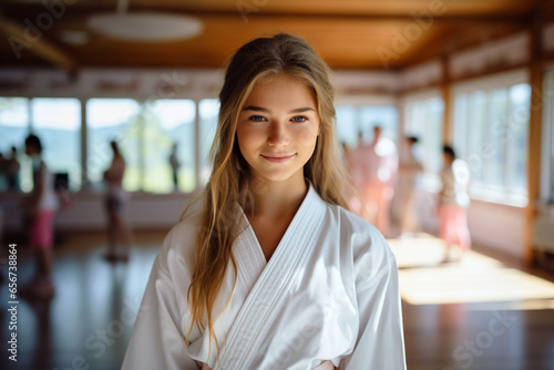 Karate or Judo asian martial art training in a dojo hall. Young student teenager wearing white kimono smiling, looking at camera learning fighting, students lesson on room on background