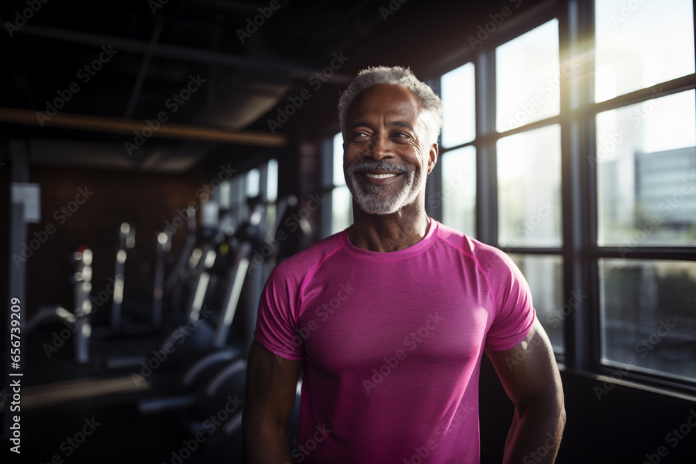 Man fitness coach standing in sport club interior. Active sport life getting fit healthy lifestyle concept. Senior African American male personal trainer pink t-shirt smiling at camera in a gym