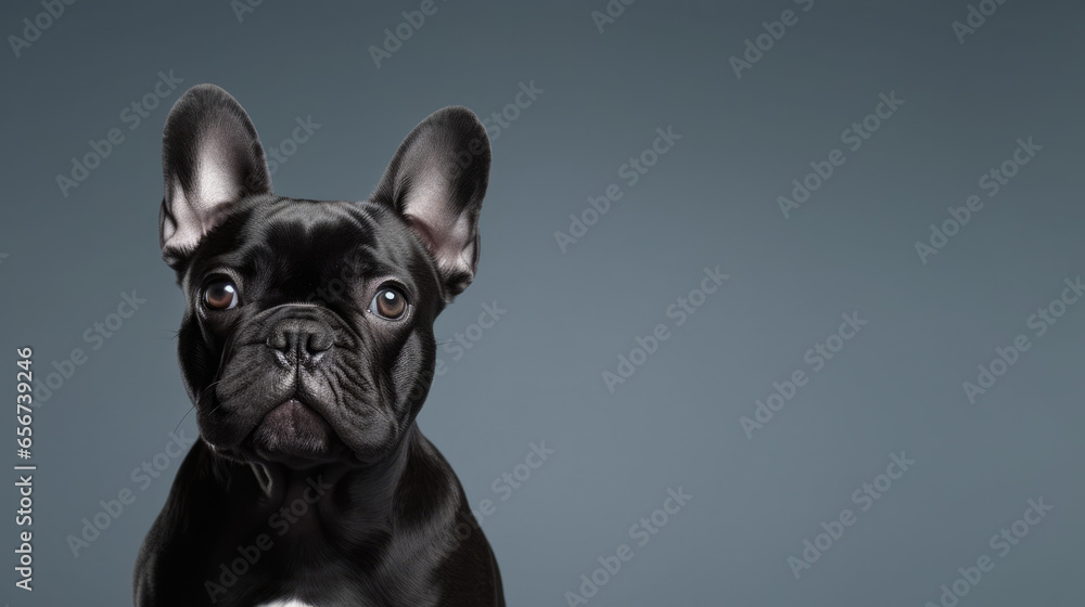 Portrait photograph of a black French bulldog isolated against a grey background.