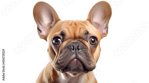 Portrait photograph of a tan-colored French bulldog isolated against a white background.