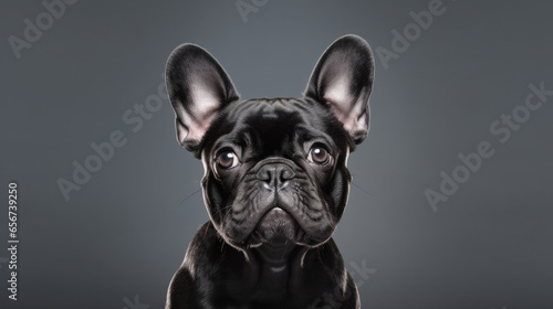 Portrait photograph of a black French bulldog isolated against a grey background.