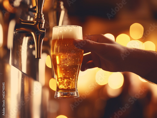 bavarian restaurant food, Hand of bartender pouring a large lager beer in tap, Oktoberfest, Germany, ai generated