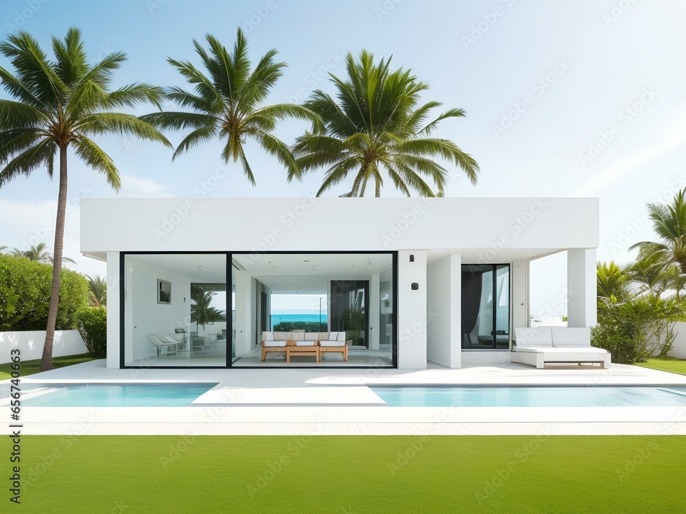 Modern house with swimming pool and palm trees - obrazy, fototapety, plakaty 
